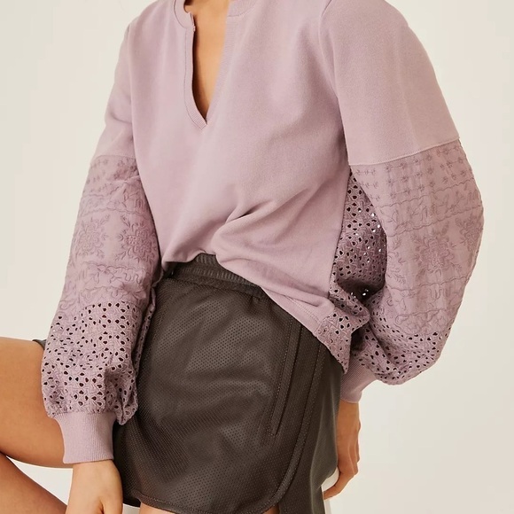 ANTHROPOLOGIE MAROON EYELET COTTON Y-NECKLINE SWEATSHIRT - Picture 2 of 8